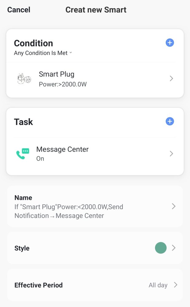 Příklad automatizace s notifikací při překročení příkonu