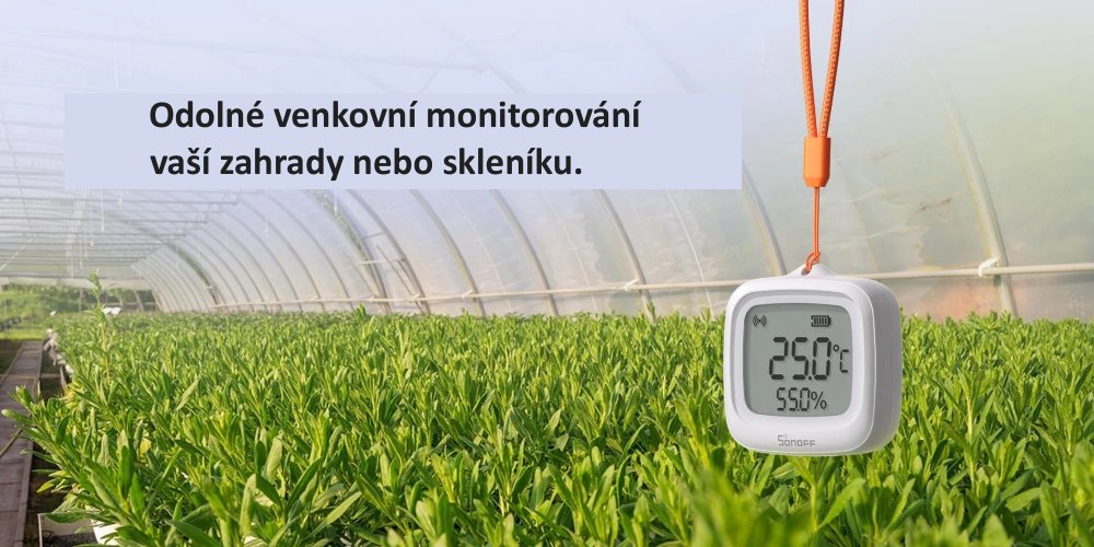 SONOFF SNZB-02WD zavěšený na poutku ve skleníku