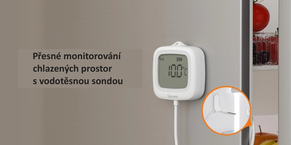 SONOFF SNZB-02LD s vodotěsnou sondou měří teplotu uvnitř chladničky