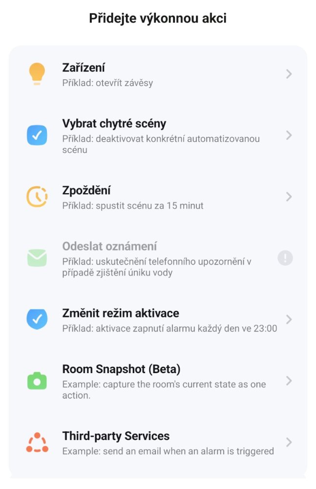 Výběr akce automatizace v aplikaci Smart Life
