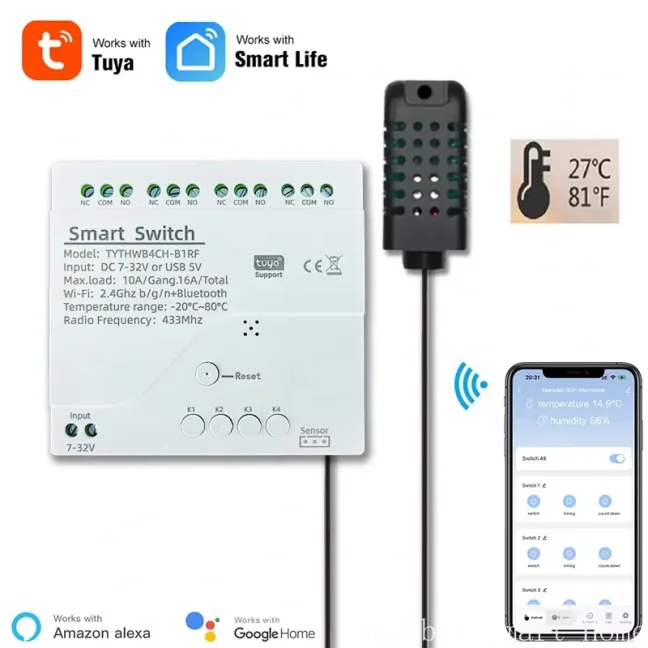 Wifi beznapěťový spínač 4CH s měřením teploty a vlhkosti Smartica BS09W