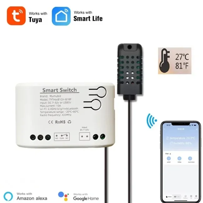 Wifi beznapäťový spínač 1CH s meraním teploty a vlhkosti Smartica BS10W