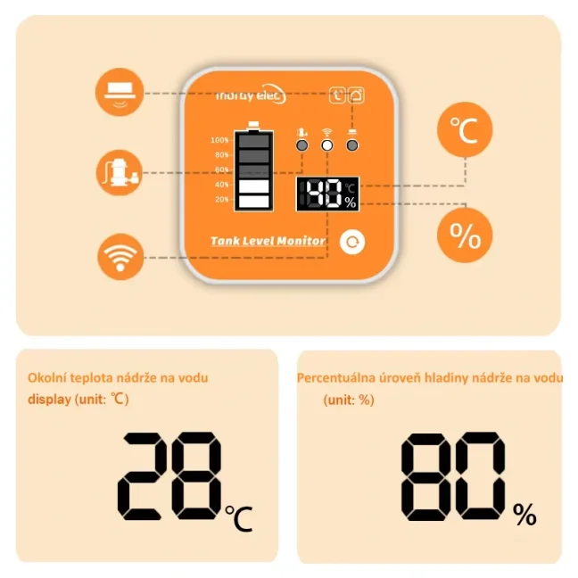 WiFi ultrazvukový senzor hladiny vody s displejem