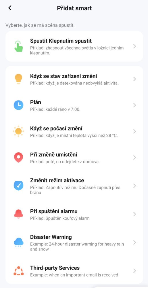 Výběr spouštěče při přidání nové automatizace v aplikaci Smart Life