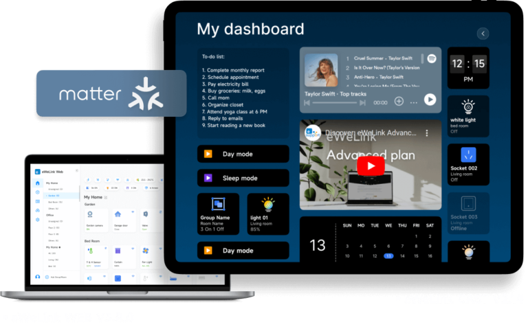 Nástěnka eWeLink CAST s dlaždicemi zařízení a rozhraní eWeLink WEB na notebooku, vedle logo Matter