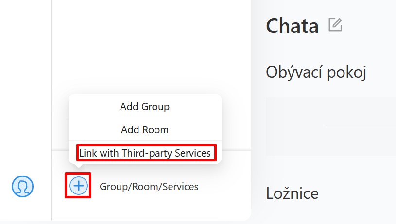 Nabídka Group/Room/Services v eWeLink WEB se zvýrazněnou volbou Link with Third-party Services