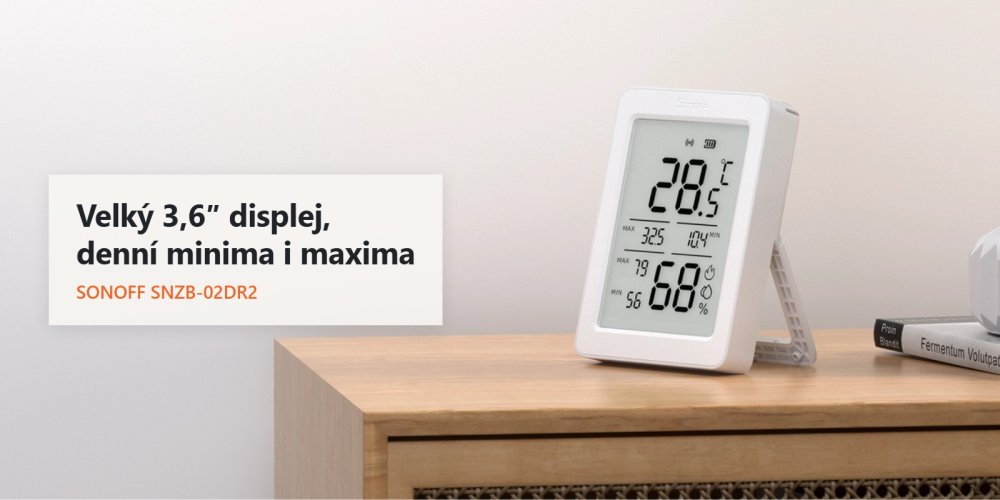 SONOFF AirGuard TH SNZB-02DR2 s 3,6″ LCD displejem ukazuje teplotu, vlhkost a denní minima a maxima