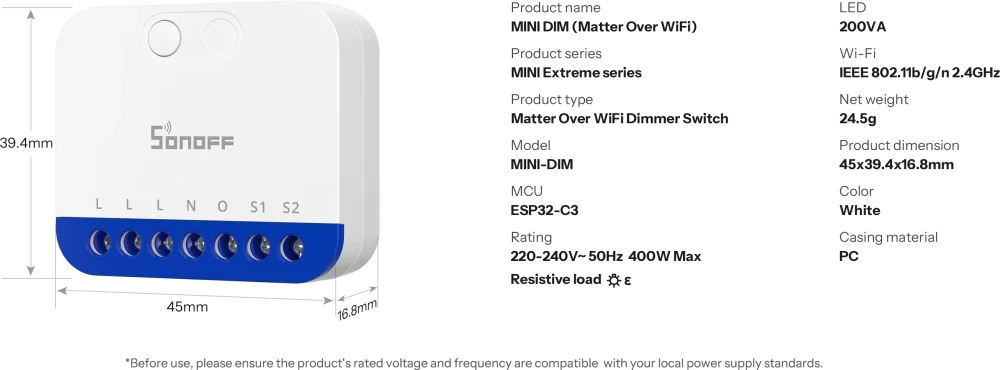 Specifikace SONOFF MINI-DIM