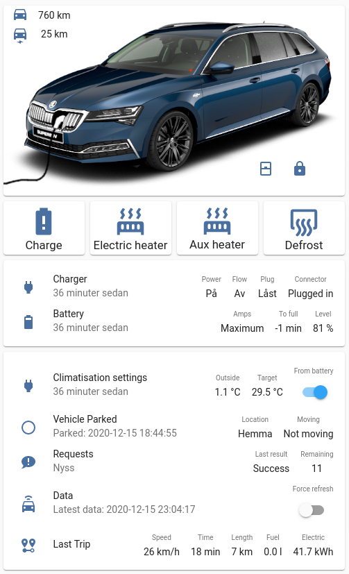 Karta automobilu v Home Assistantu se stavem nabíjení, dojezdem a ovládáním vytápění