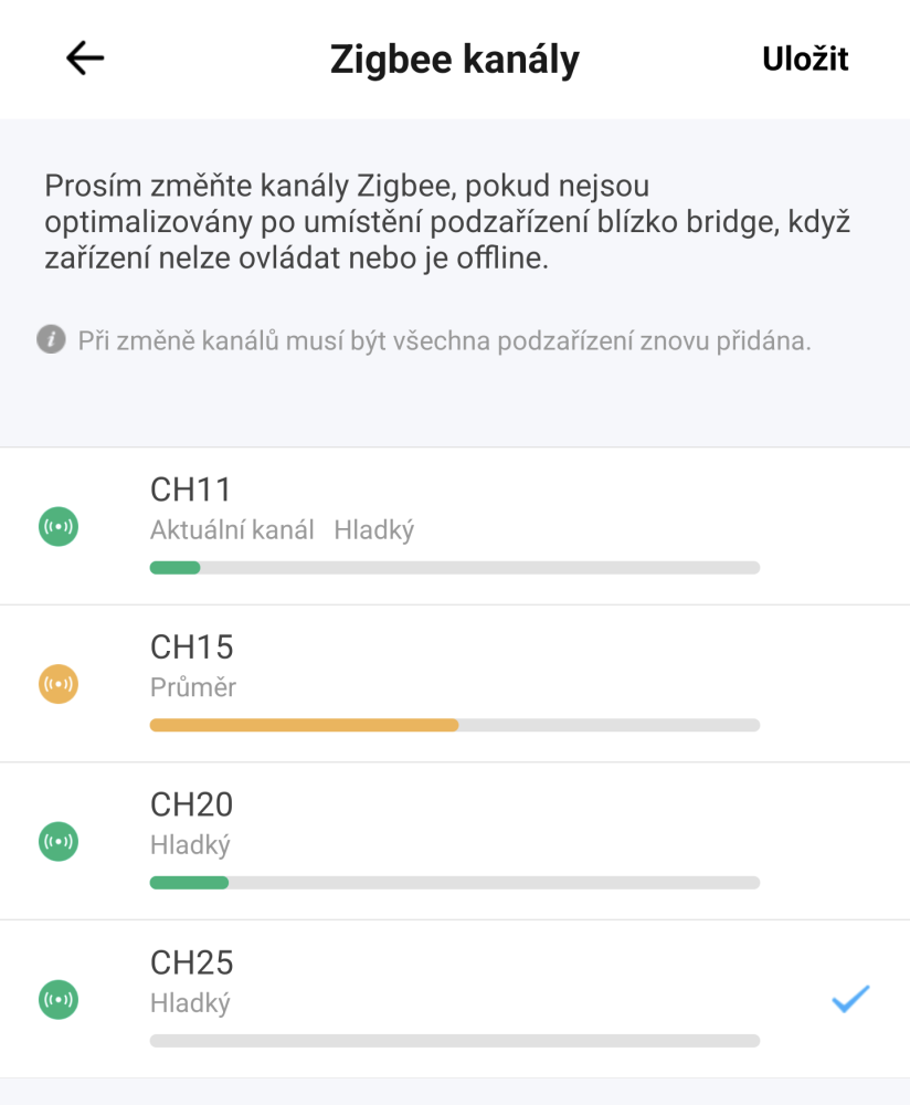 Volba Zigbee kanálu v aplikaci eWeLink