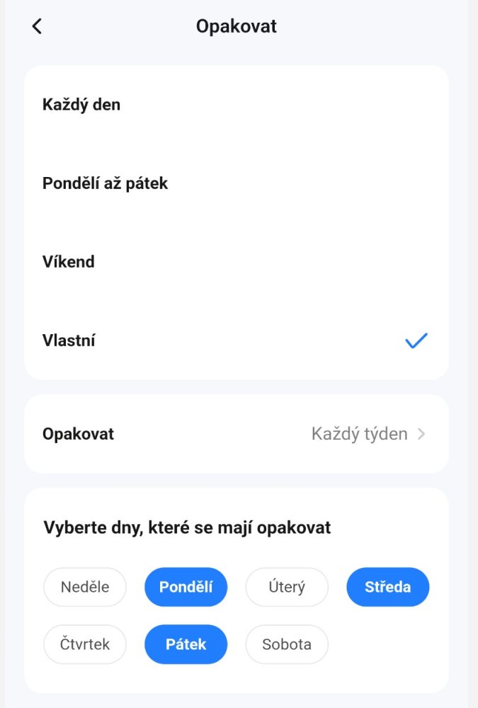 Nastavení platnosti a opakování automatizace v aplikaci Smart Life