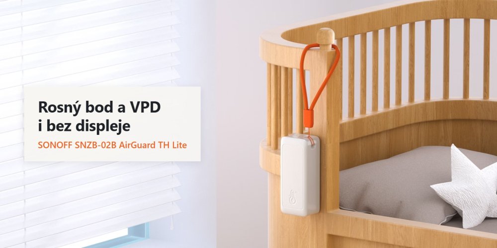 SONOFF SNZB-02B AirGuard TH Lite zavěšený na poutku na postýlce v dětském pokoji