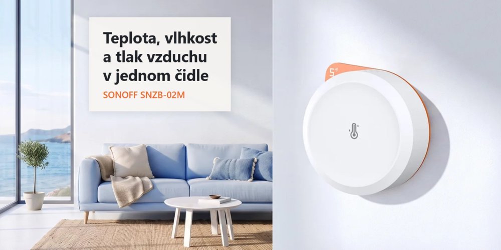 SONOFF SNZB-02M AirGuard TH Pressure přichycený magnetem na stěně obývacího pokoje — měří teplotu, vlhkost a tlak vzduchu